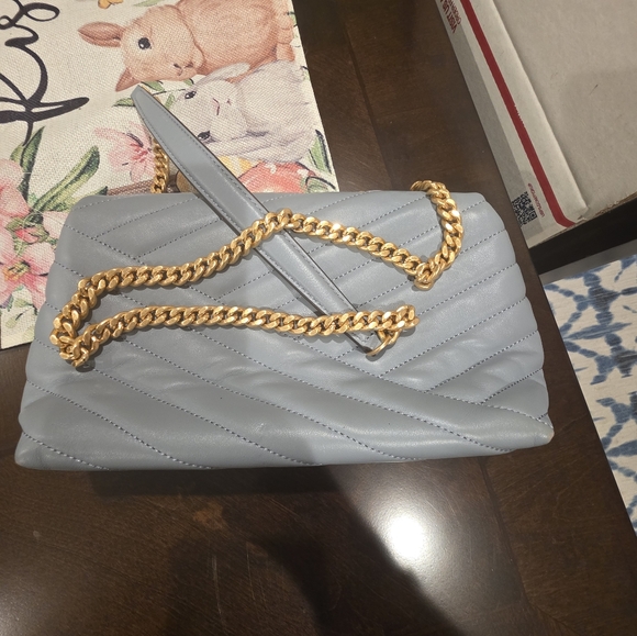 Tory Burch Kira Chevron Small Leather Shoulder Bag Rainwater Blue - Picture 16 of 16